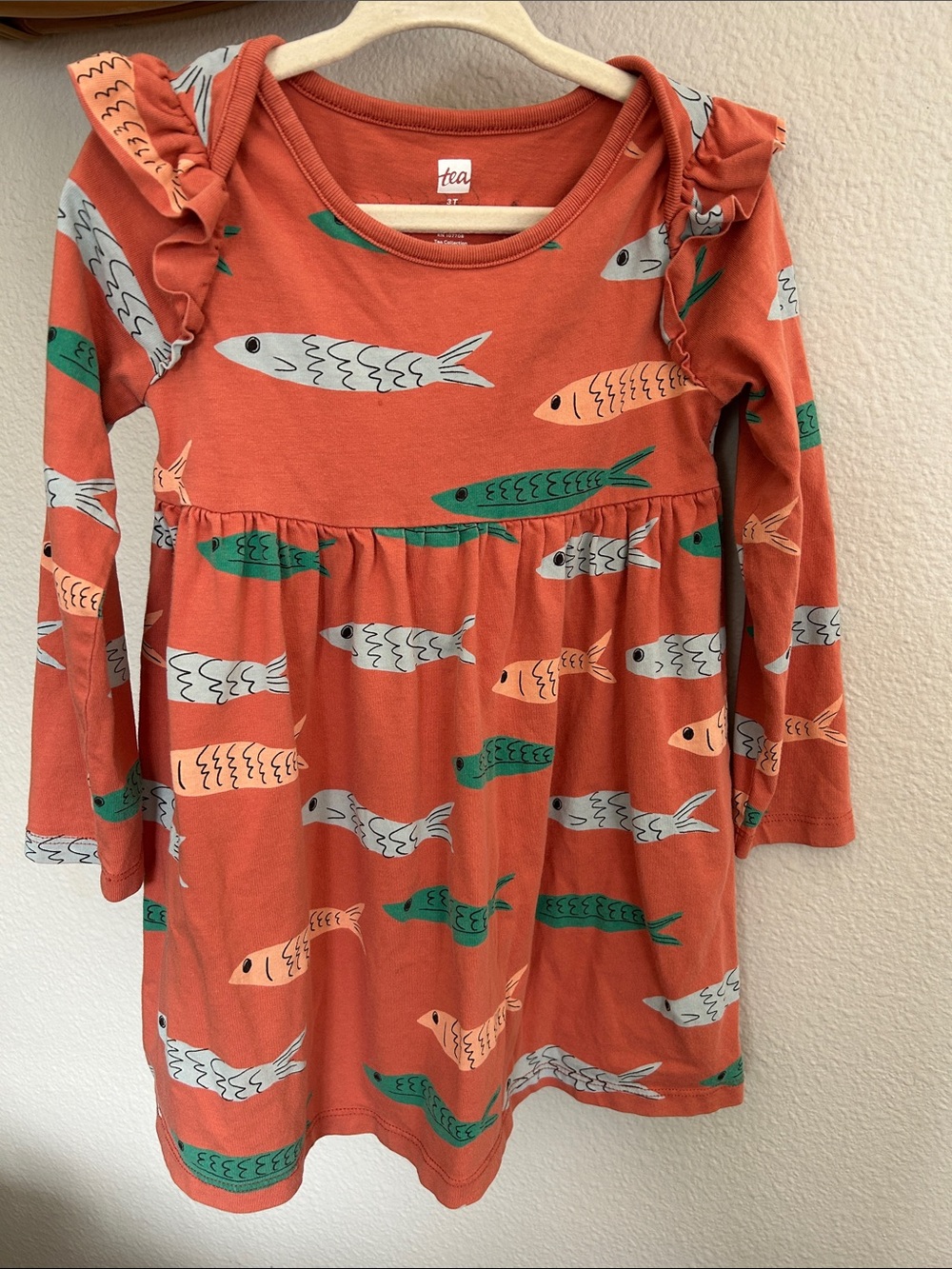 Tea Collection Rust Orange Fish Print Dress with Green and Light Gray Fish